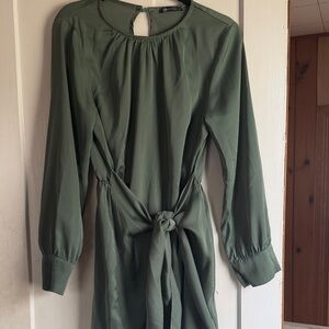 Long-Sleeve Tie-Waist Olive Dress